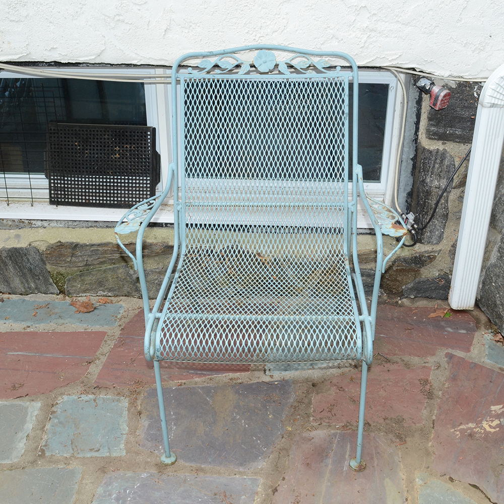 Vintage Iron Patio Set With Umbrella, Chairs and Side Table