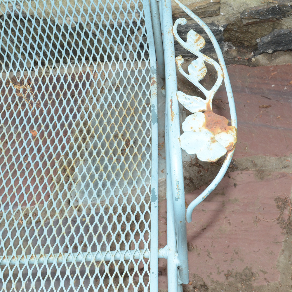 Vintage Iron Patio Set With Umbrella, Chairs and Side Table