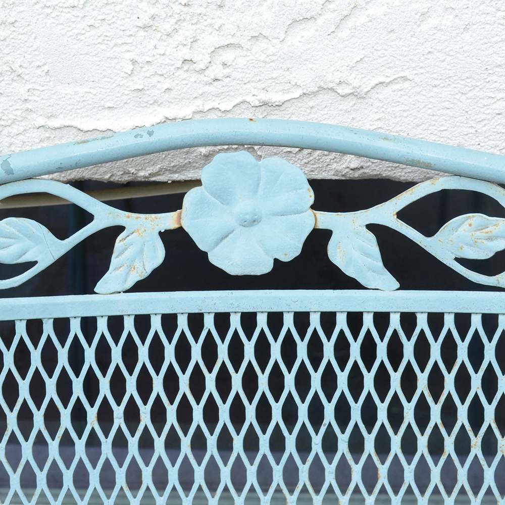 Vintage Iron Patio Set With Umbrella, Chairs and Side Table