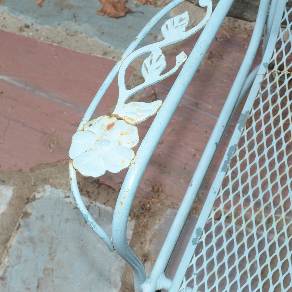Vintage Iron Patio Set With Umbrella, Chairs and Side Table