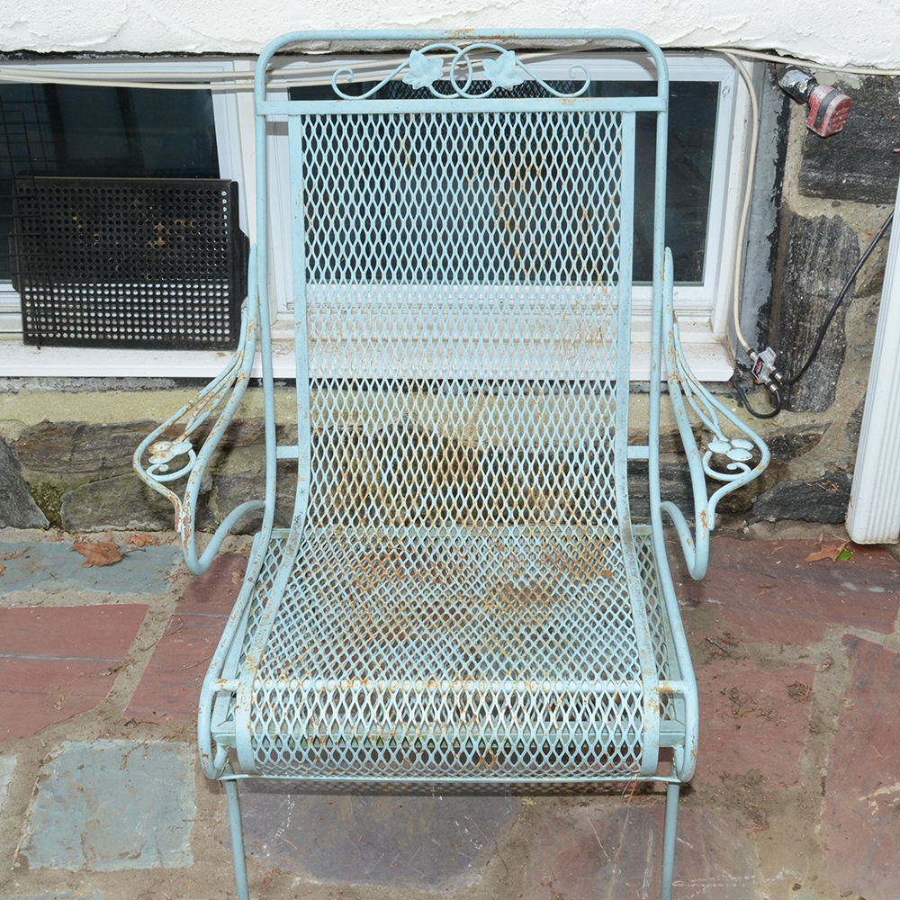 Vintage Iron Patio Set With Umbrella, Chairs and Side Table