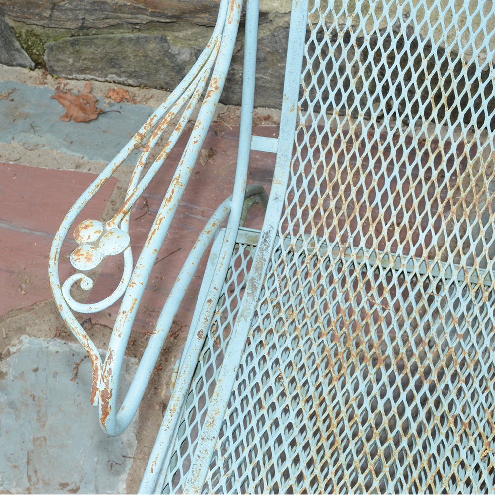 Vintage Iron Patio Set With Umbrella, Chairs and Side Table