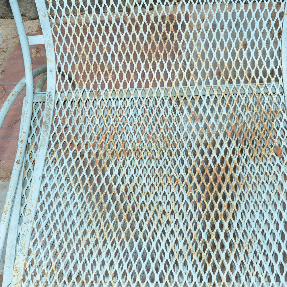 Vintage Iron Patio Set With Umbrella, Chairs and Side Table