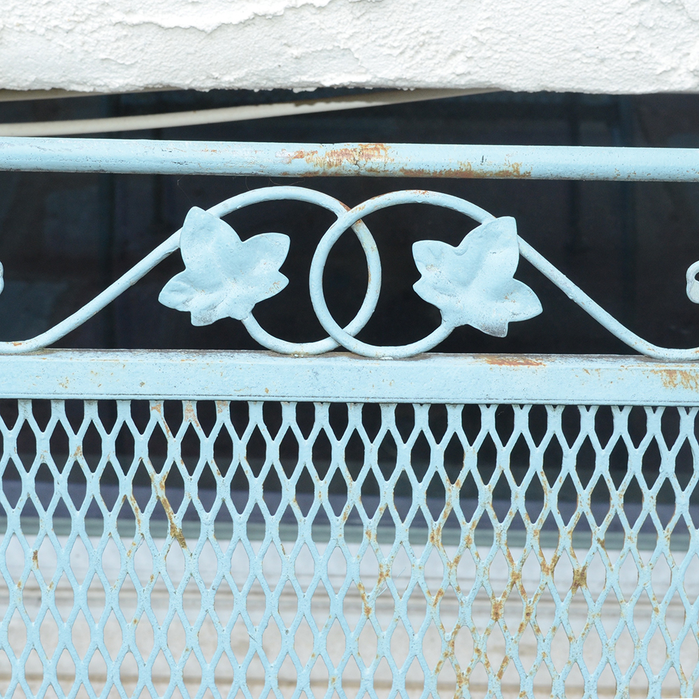 Vintage Iron Patio Set With Umbrella, Chairs and Side Table