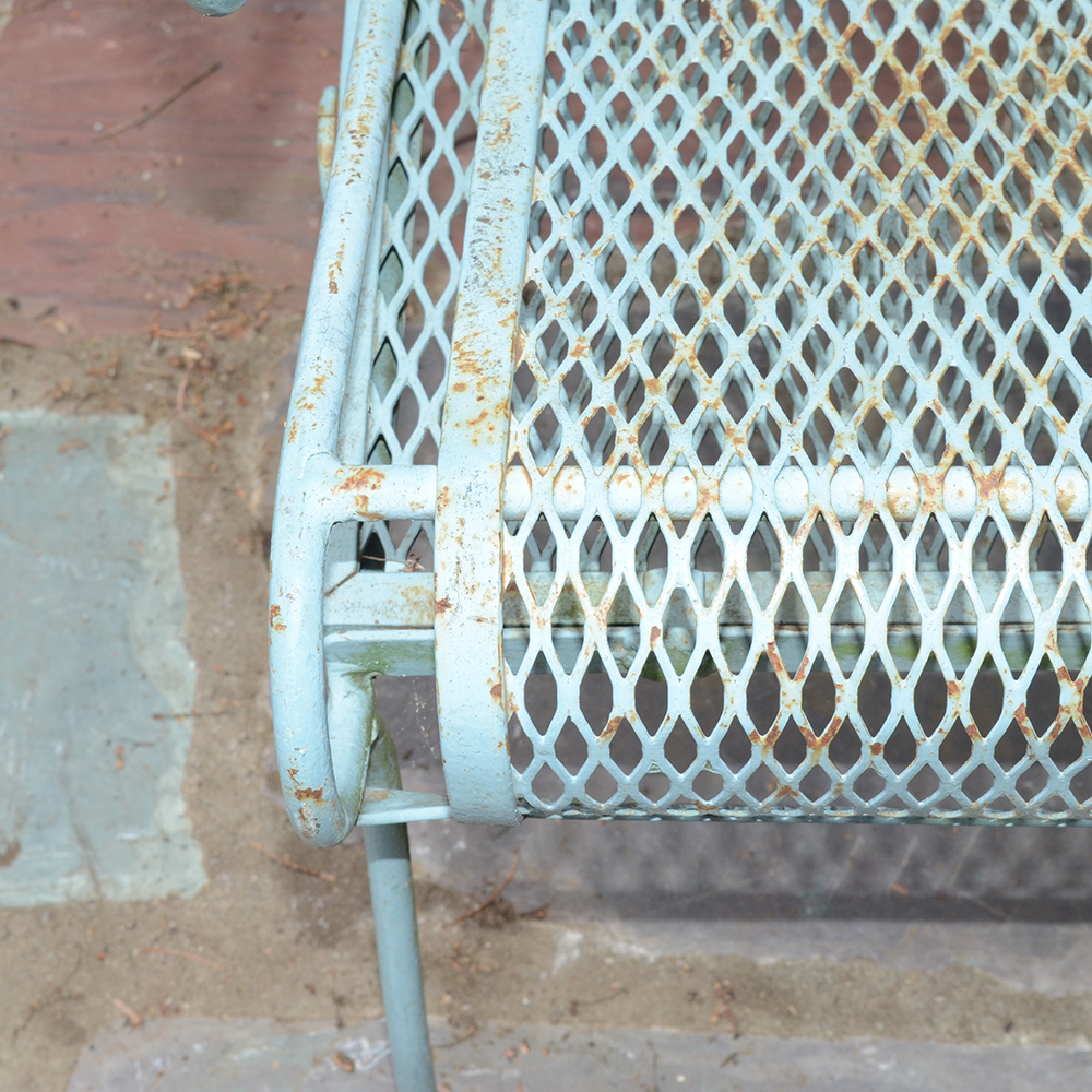 Vintage Iron Patio Set With Umbrella, Chairs and Side Table