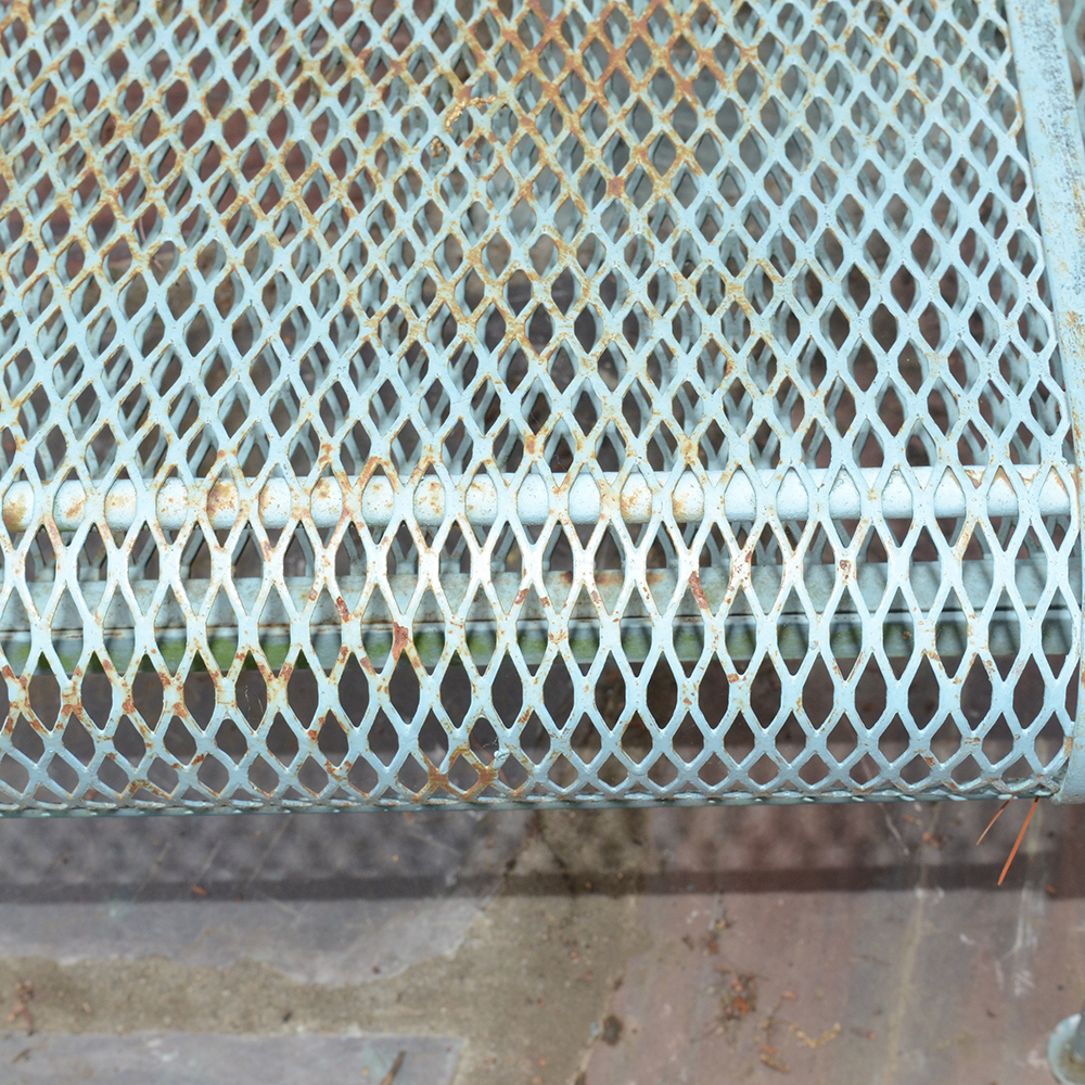 Vintage Iron Patio Set With Umbrella, Chairs and Side Table