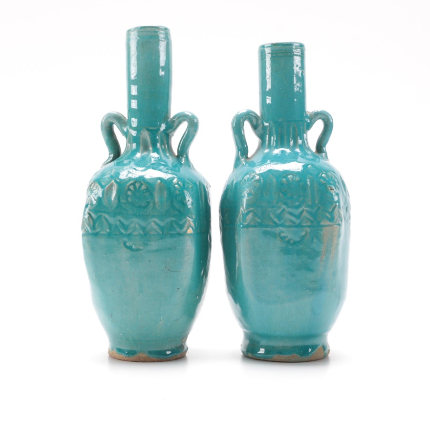 Pair of Vintage Handmade Teal Glazed Ceramic Vases From Iran