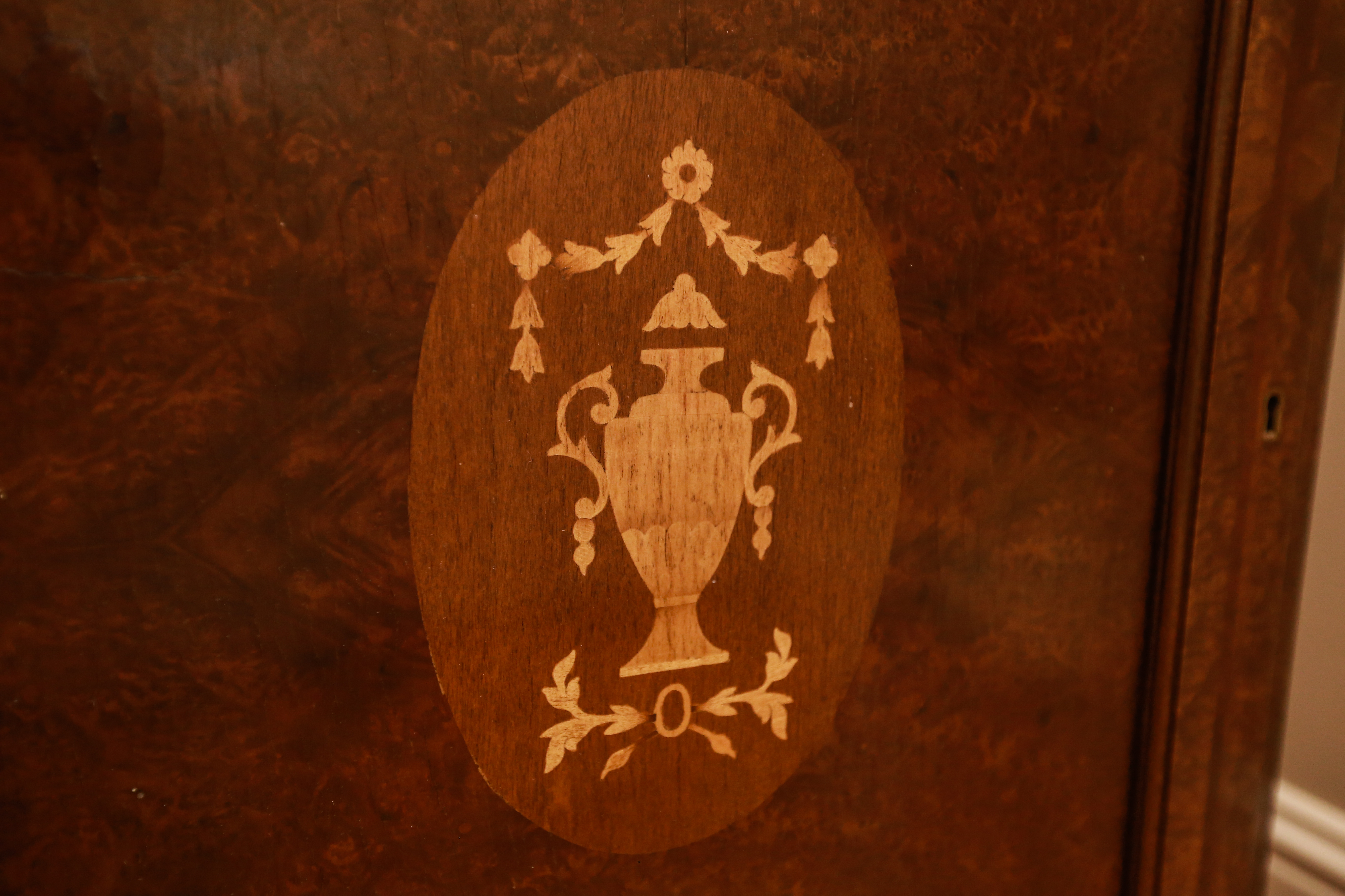 Georgian Style Burl Veneer Corner Cabinet