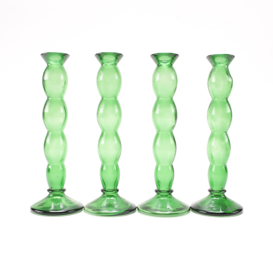 Set of Green Glass Candlesticks