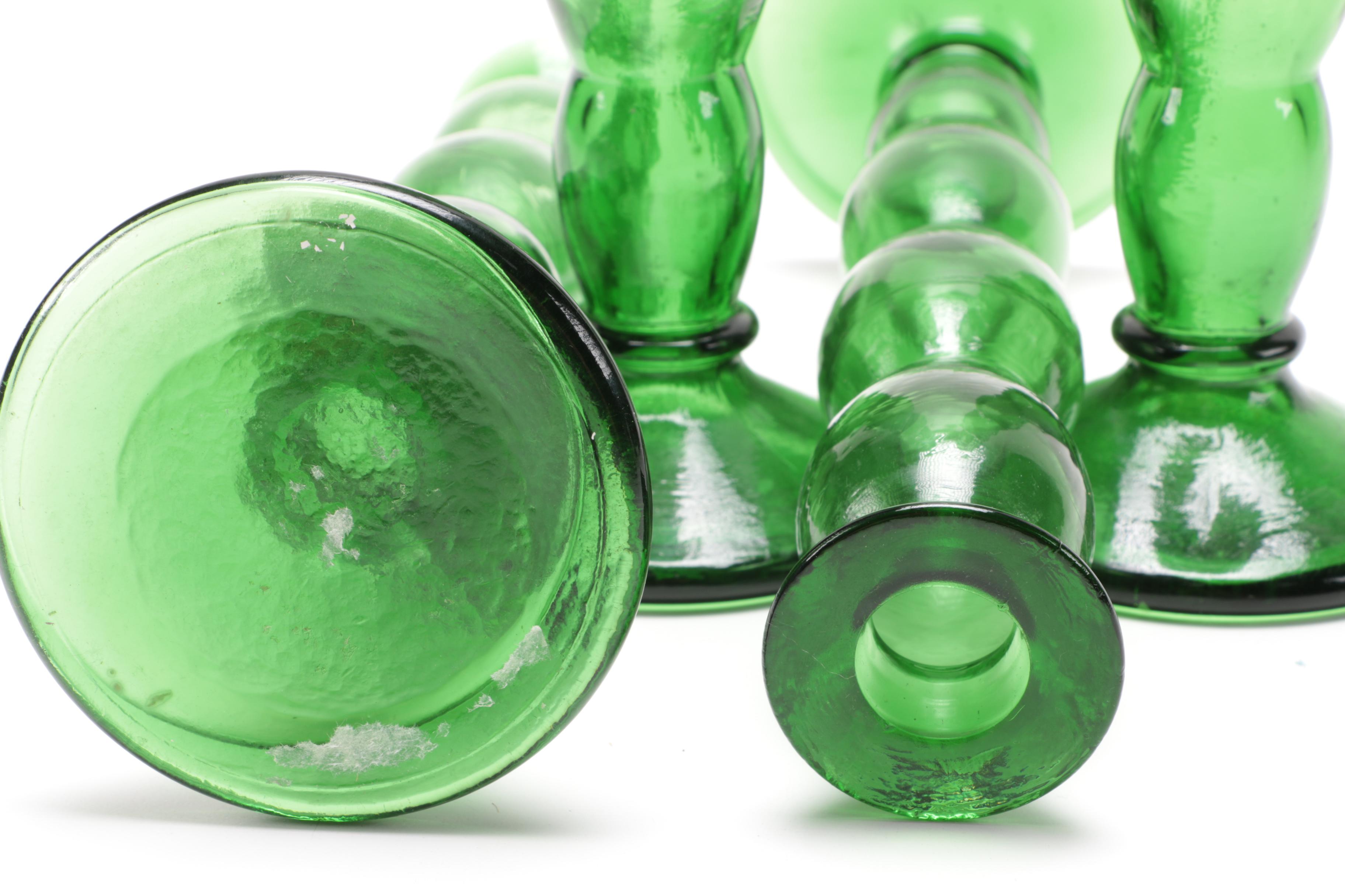 Set of Green Glass Candlesticks