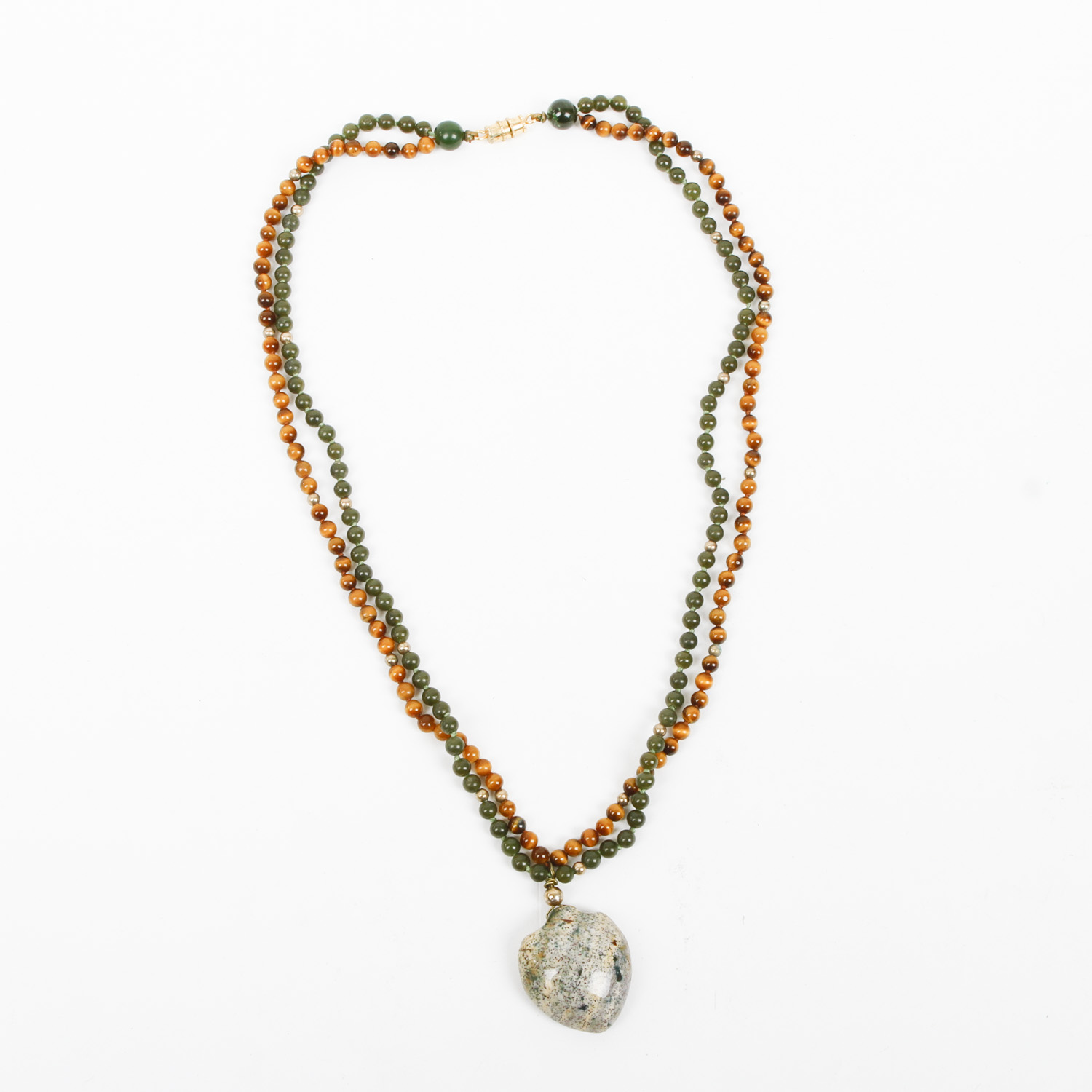 Tiger's Eye, Green Chalcedony, and Agate Beaded Pendant Necklace