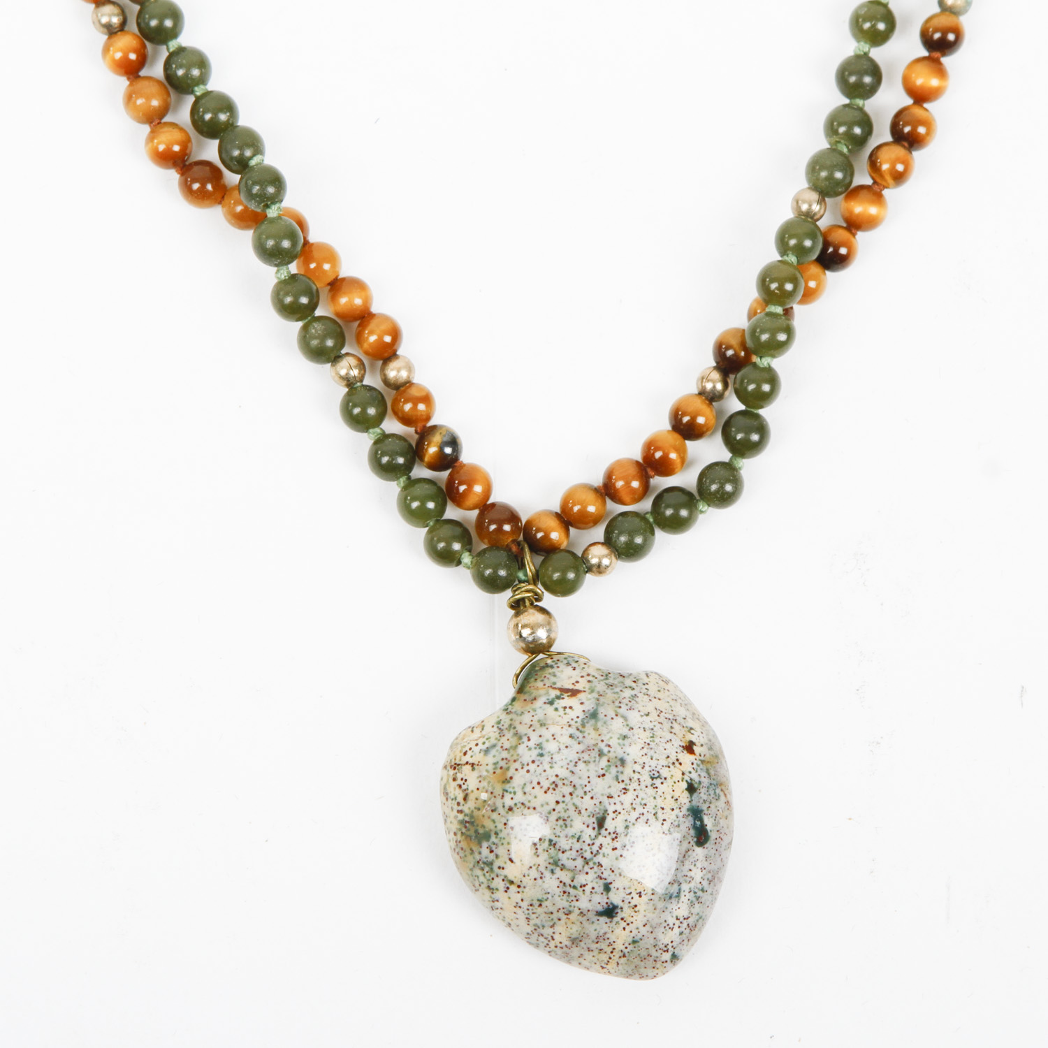 Tiger's Eye, Green Chalcedony, and Agate Beaded Pendant Necklace