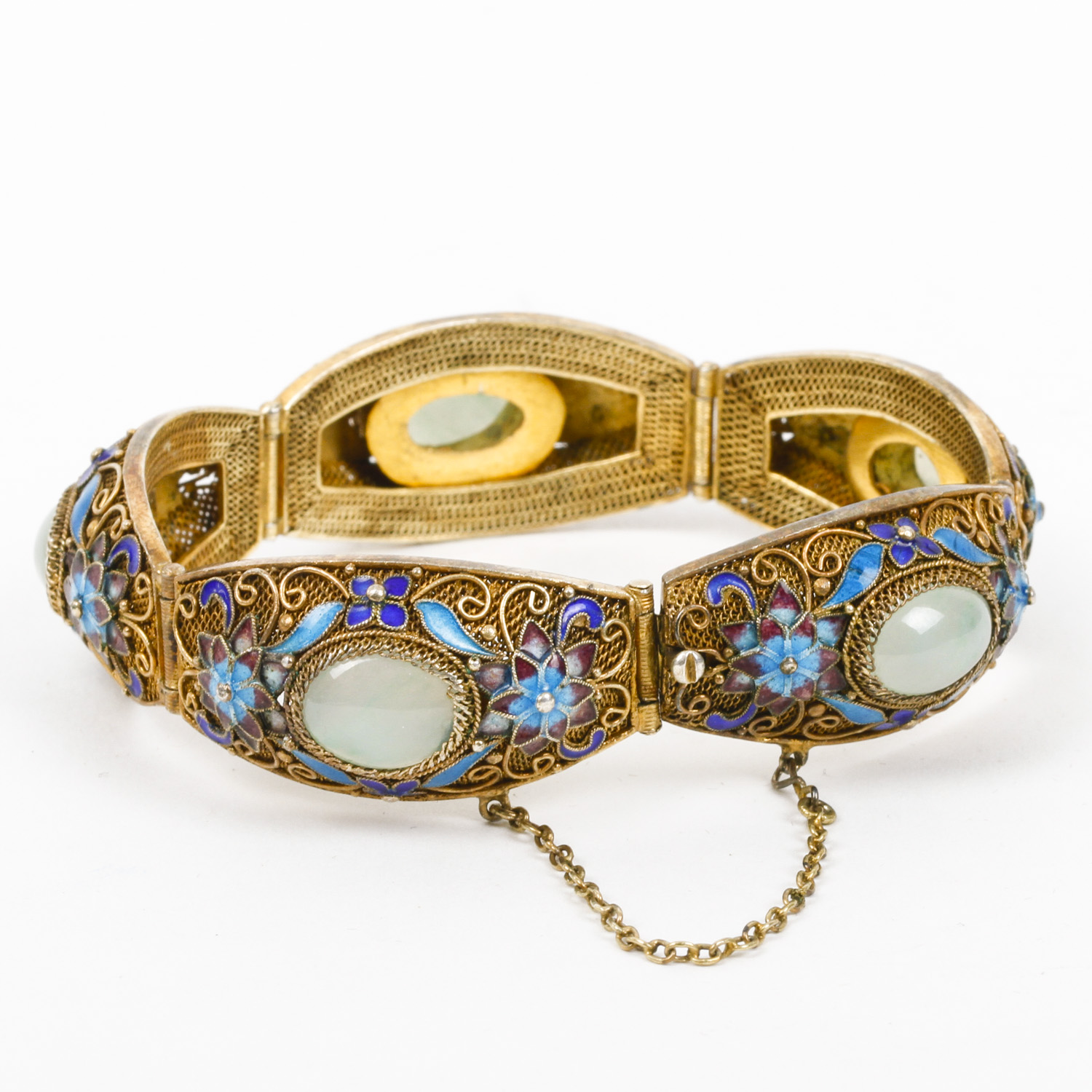 Vintage Gold Plated Sterling Silver, Jadeite Jade, and Enamel Bracelet