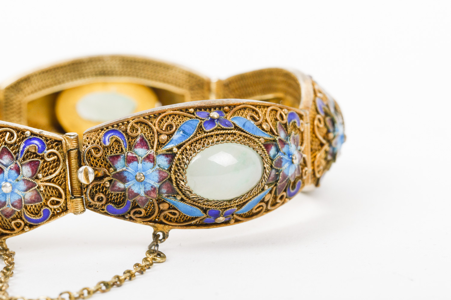 Vintage Gold Plated Sterling Silver, Jadeite Jade, and Enamel Bracelet