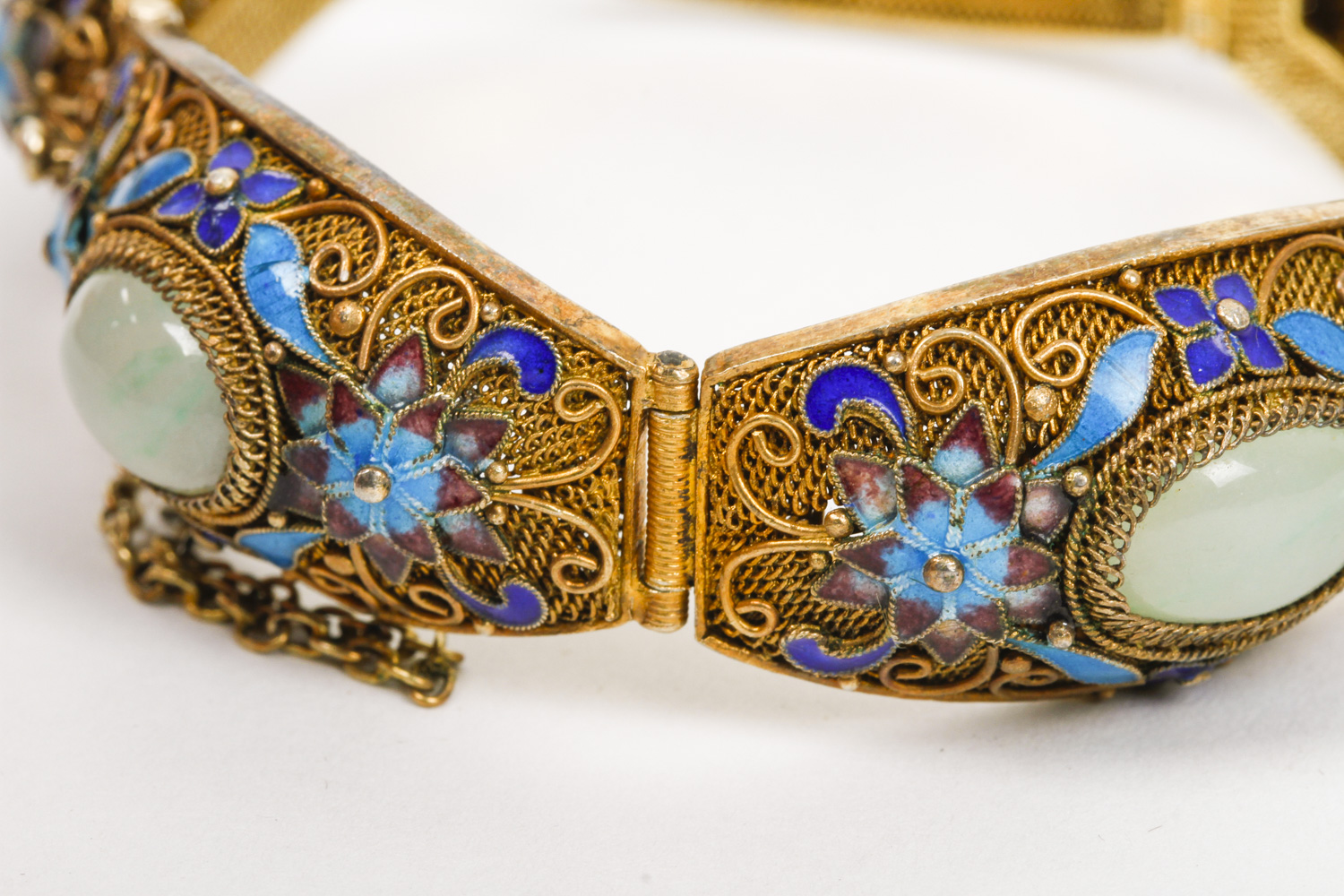 Vintage Gold Plated Sterling Silver, Jadeite Jade, and Enamel Bracelet