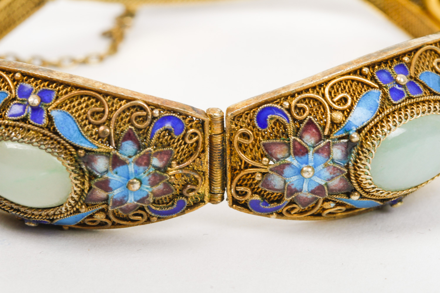 Vintage Gold Plated Sterling Silver, Jadeite Jade, and Enamel Bracelet