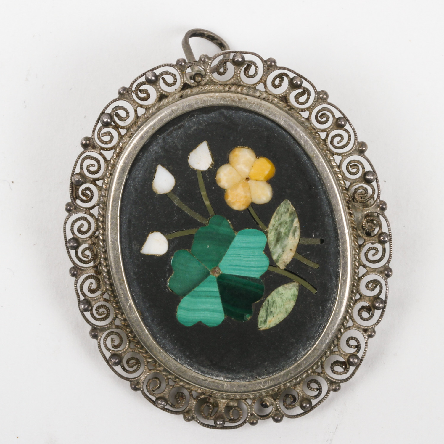 Victorian 800 Silver, Malachite, Agate, and Jadeite Jade Mosaic Pendant Brooch