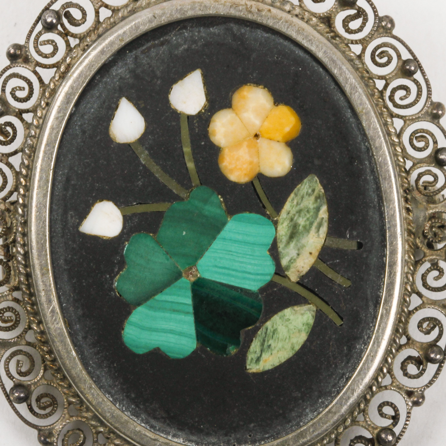 Victorian 800 Silver, Malachite, Agate, and Jadeite Jade Mosaic Pendant Brooch