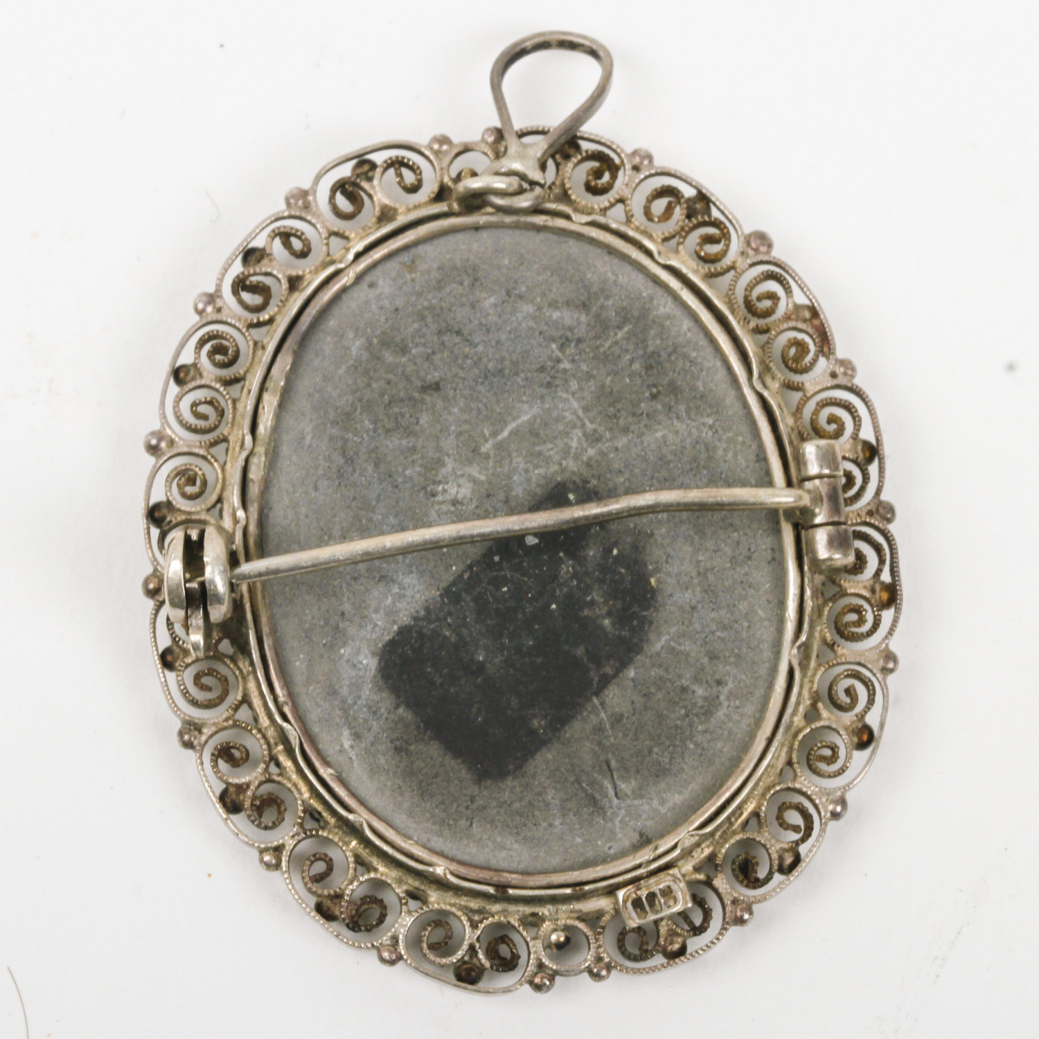 Victorian 800 Silver, Malachite, Agate, and Jadeite Jade Mosaic Pendant Brooch