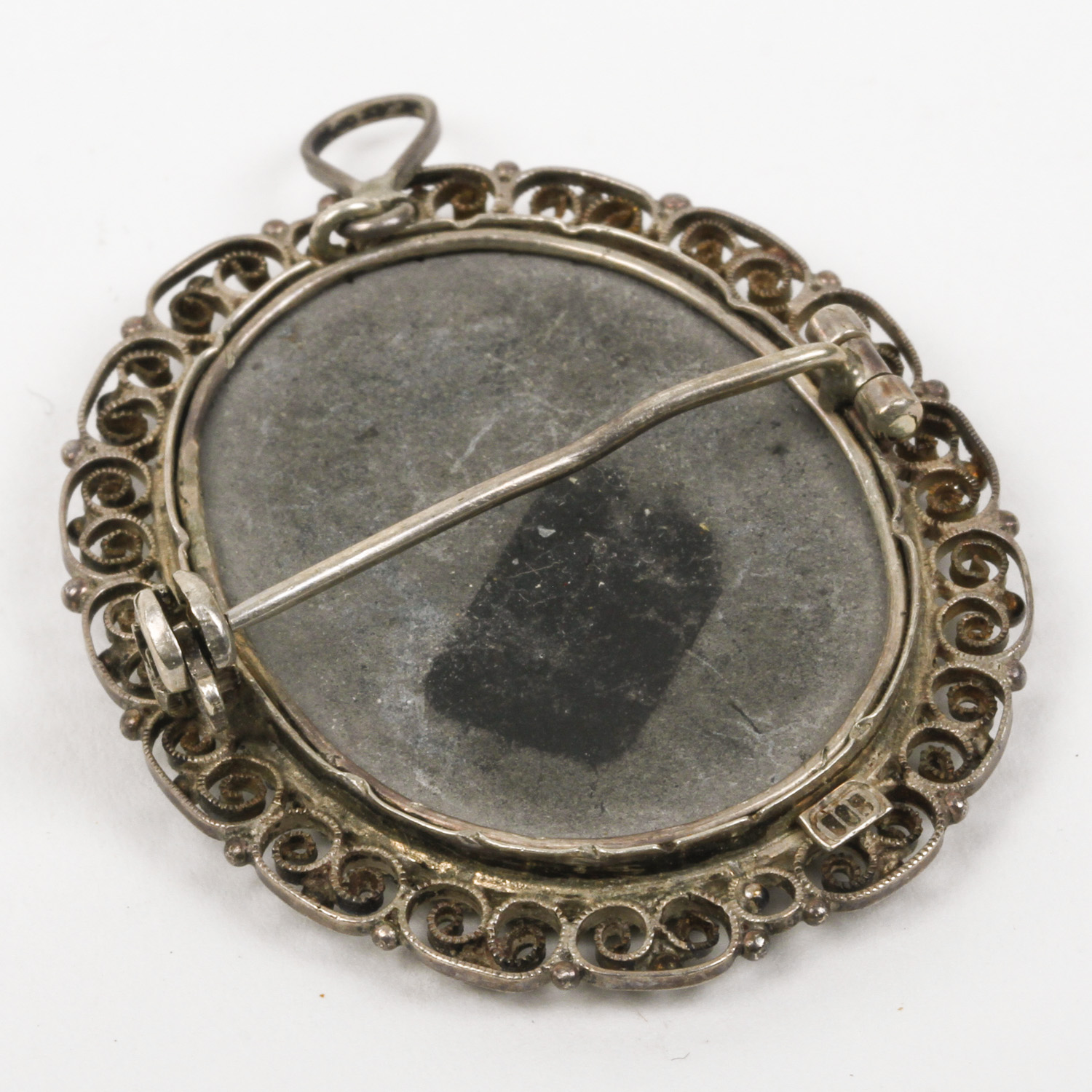 Victorian 800 Silver, Malachite, Agate, and Jadeite Jade Mosaic Pendant Brooch