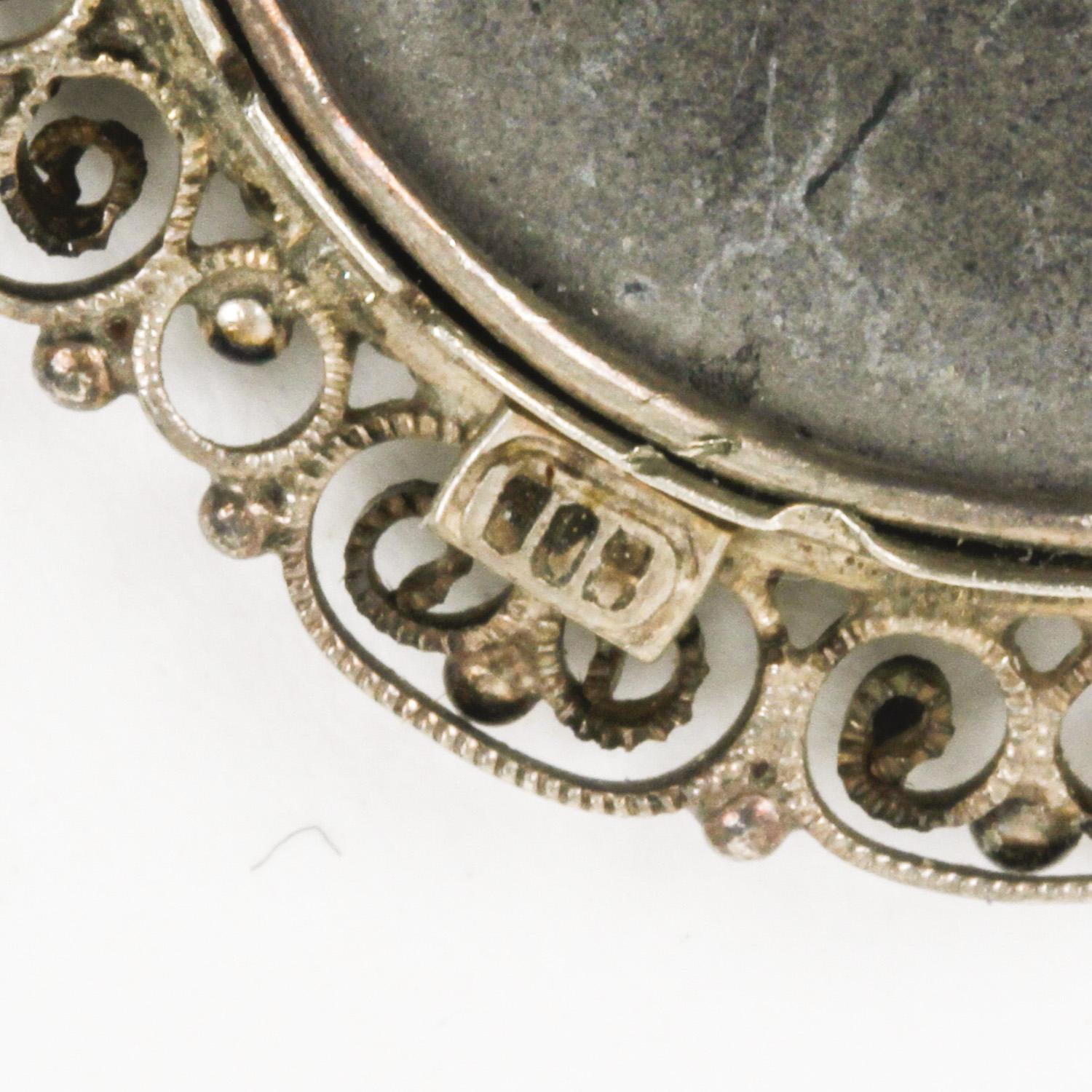 Victorian 800 Silver, Malachite, Agate, and Jadeite Jade Mosaic Pendant Brooch