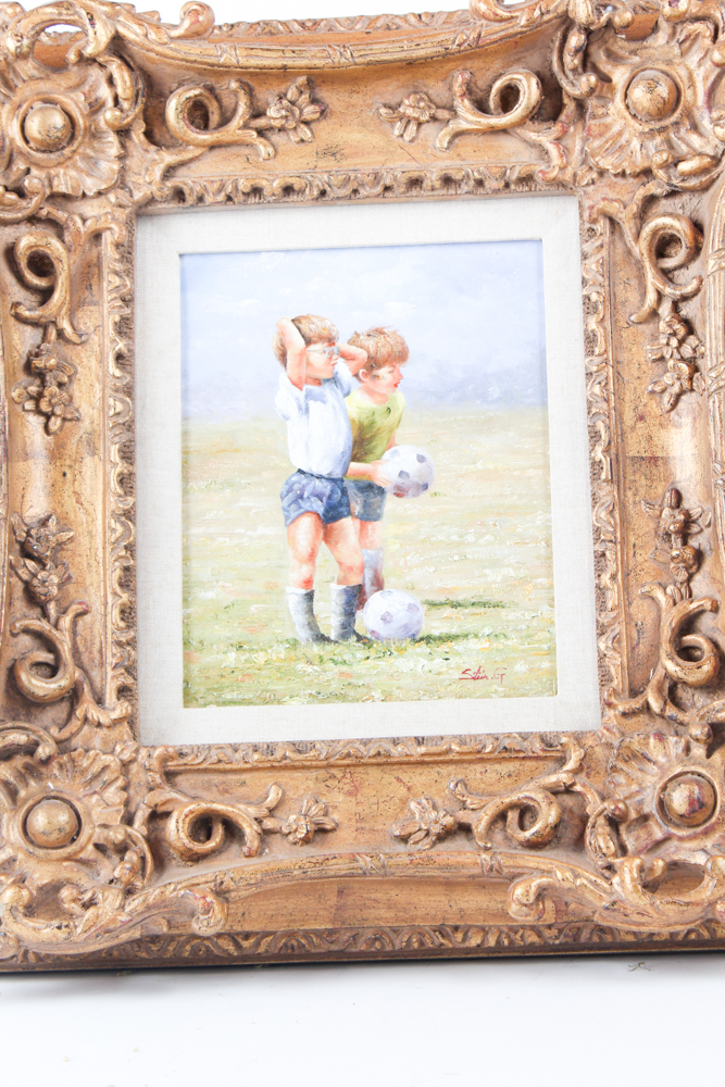 Oil Painting on Canvas of Children Playing Soccer