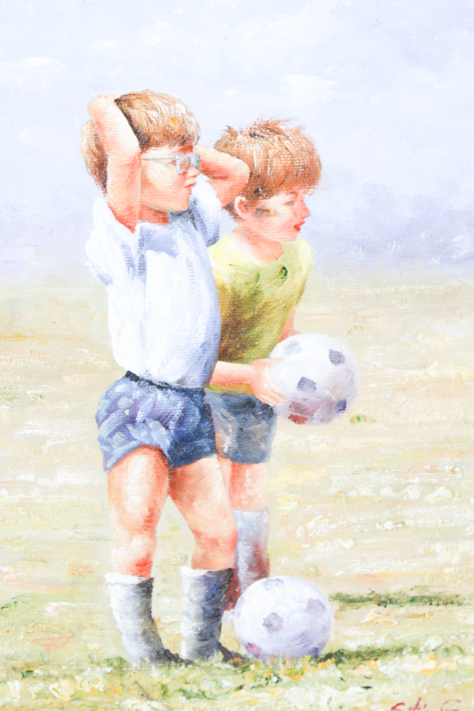Oil Painting on Canvas of Children Playing Soccer