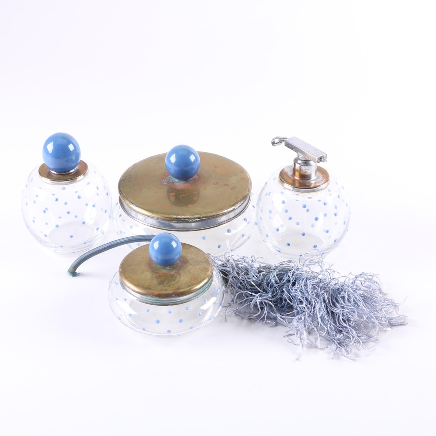 Circa 1930s Perfume and Vanity Accessories With Blue Polka Dots