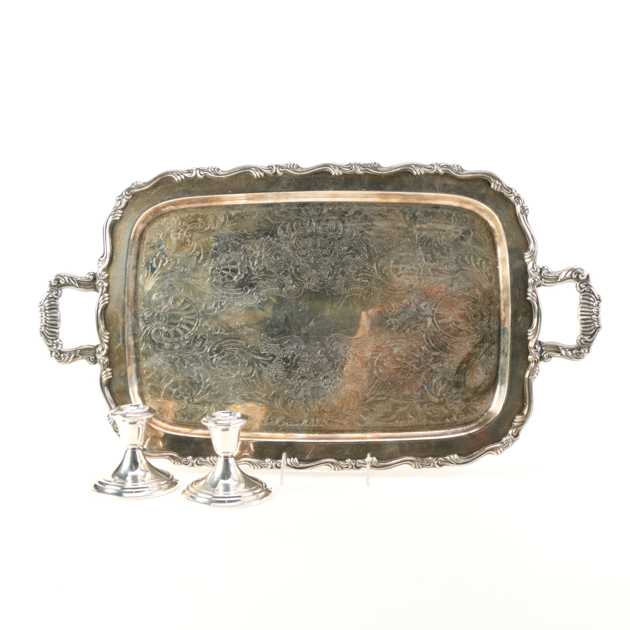 Oneida Plated Silver Serving Tray and Gorham Candlesticks