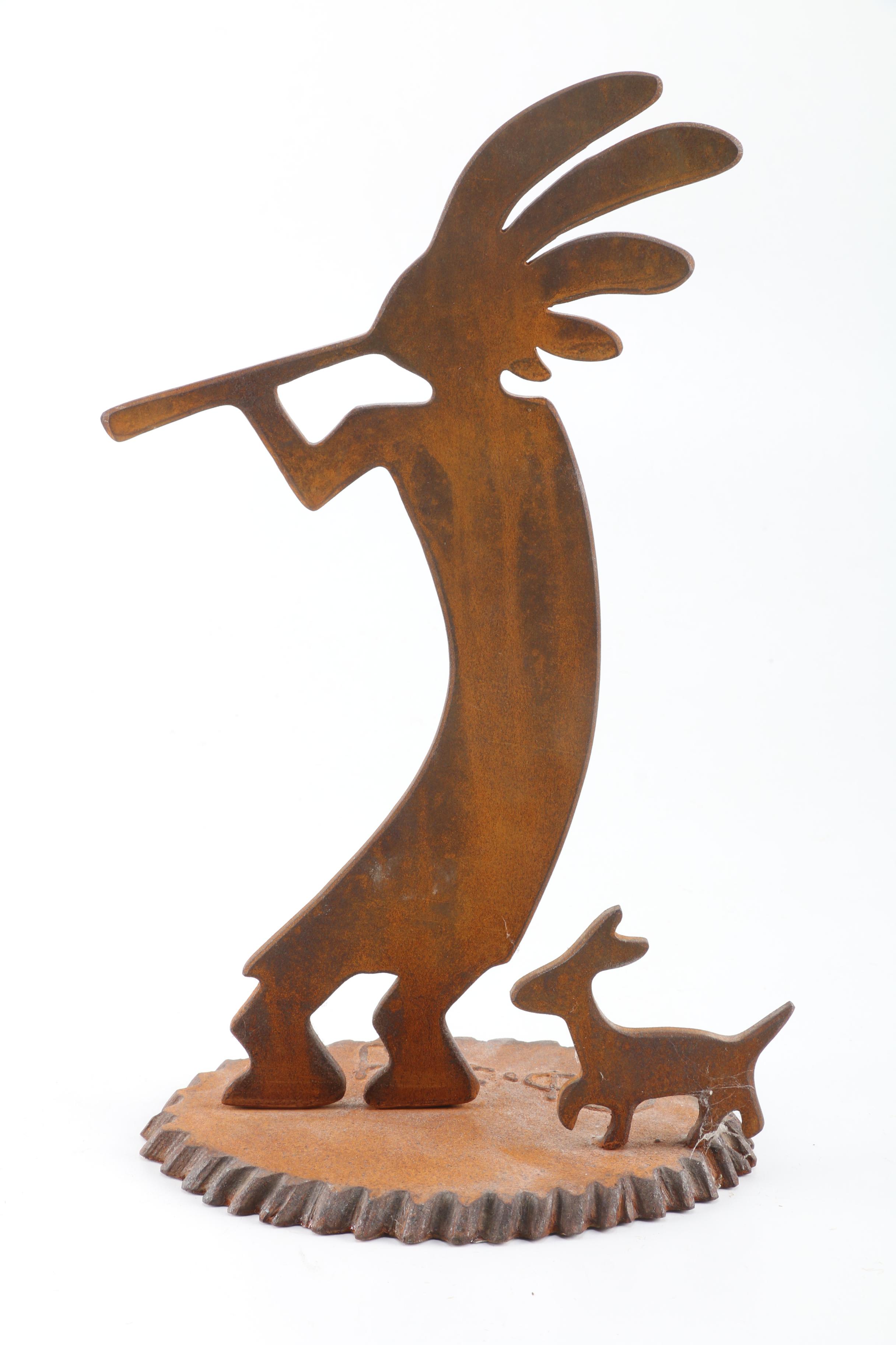 Iron Sculpture of Kokopelli and Dog
