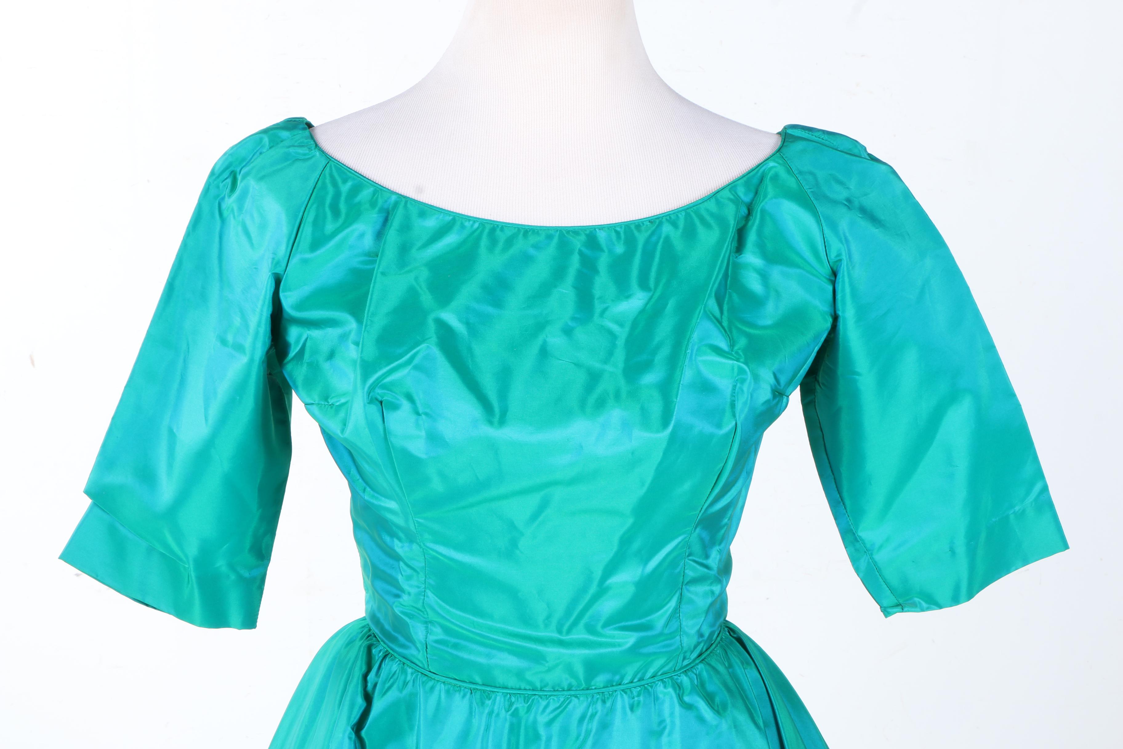 Circa 1955-1963 Women's Emerald Taffeta Dress