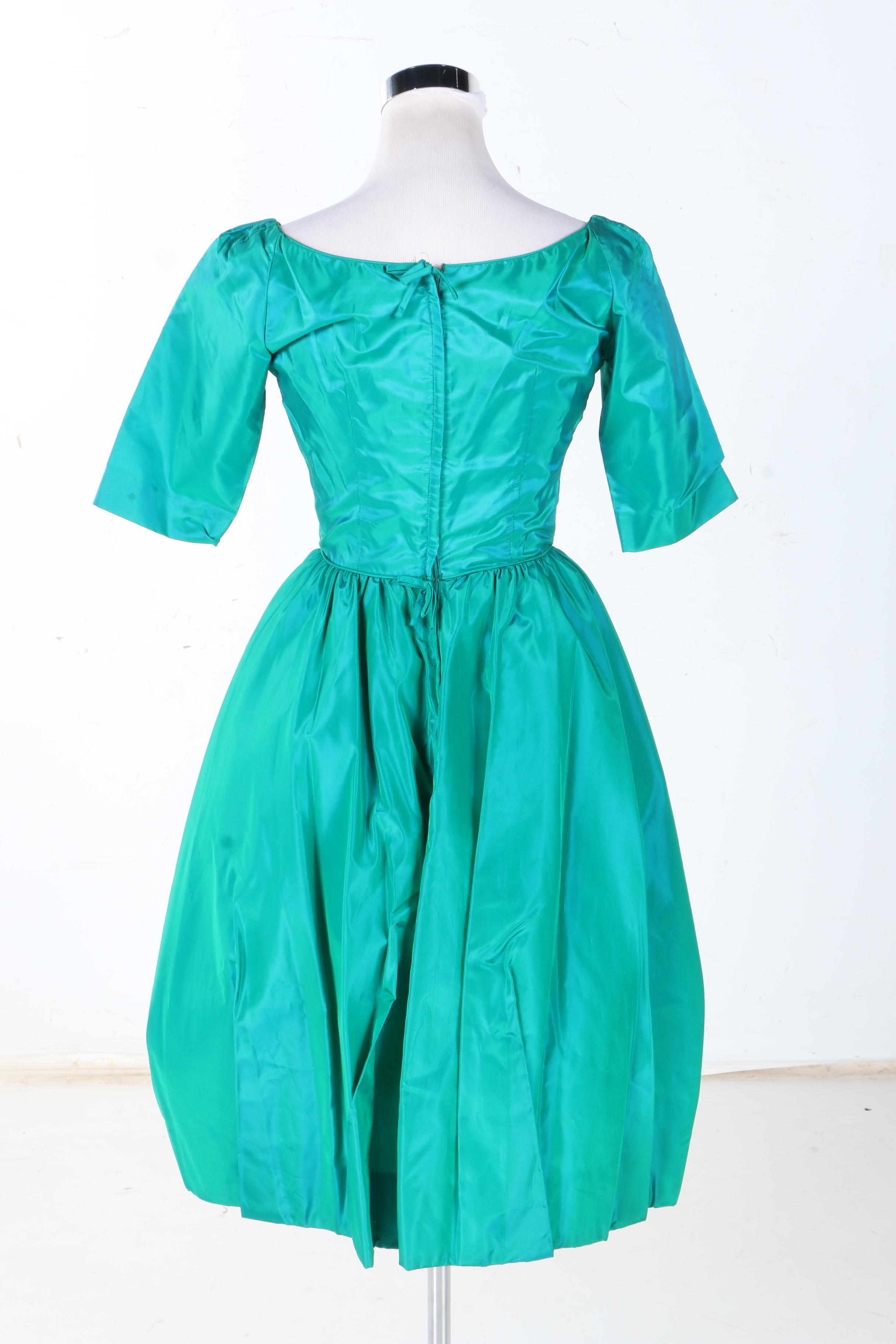 Circa 1955-1963 Women's Emerald Taffeta Dress