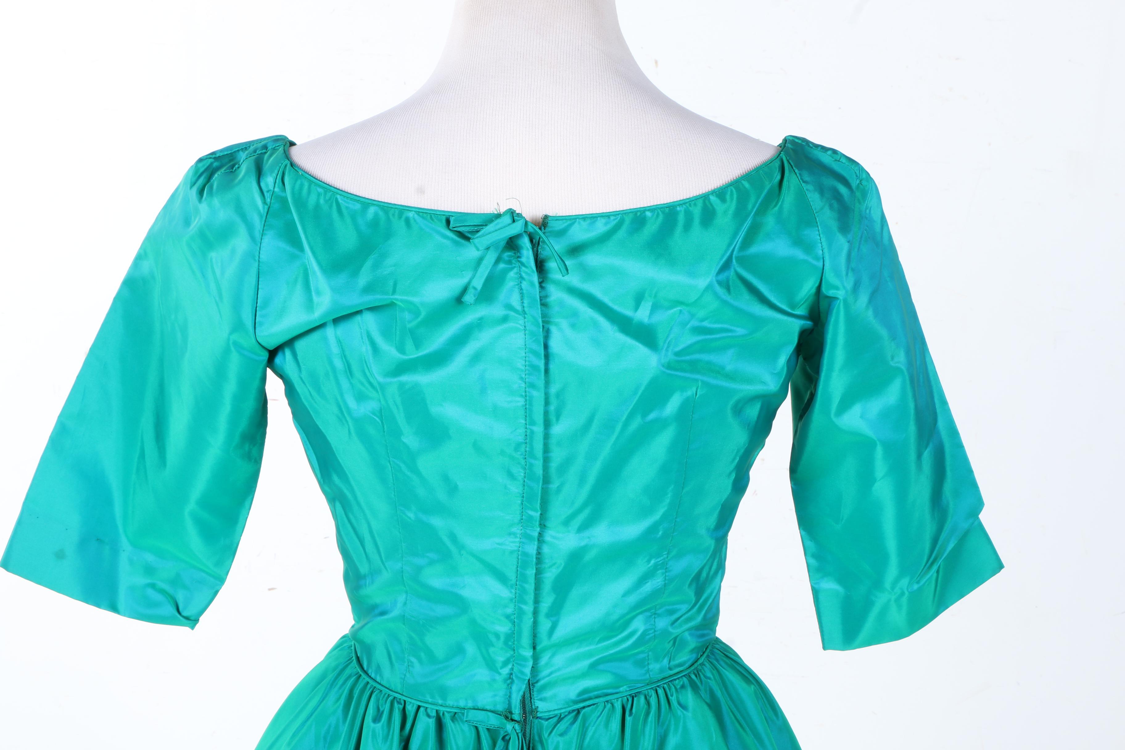 Circa 1955-1963 Women's Emerald Taffeta Dress