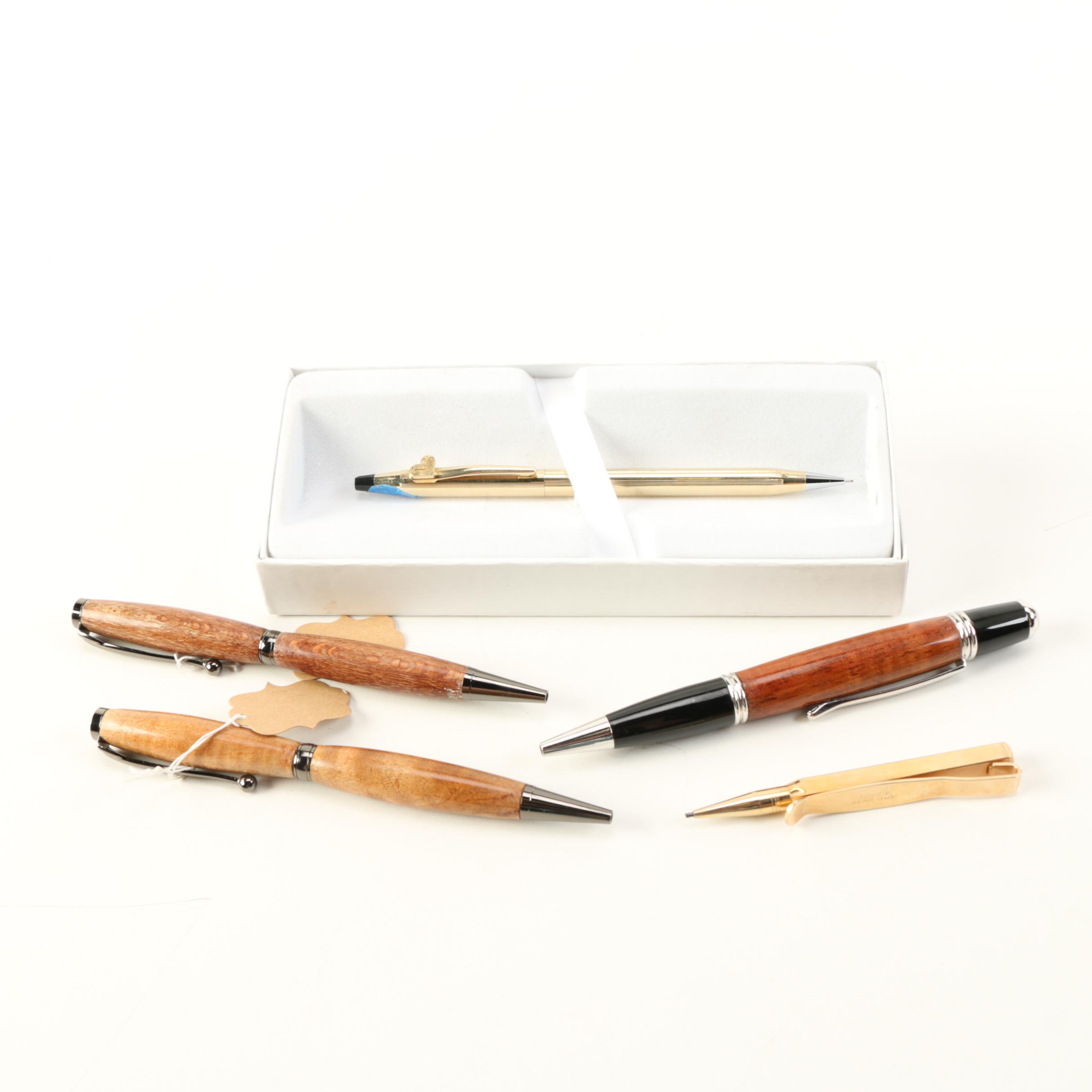 Wood Accented Pens and Gold Tone Mechanical Pencils