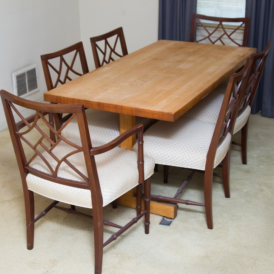 Butcher Block Trestle Base Dining Table and Chairs