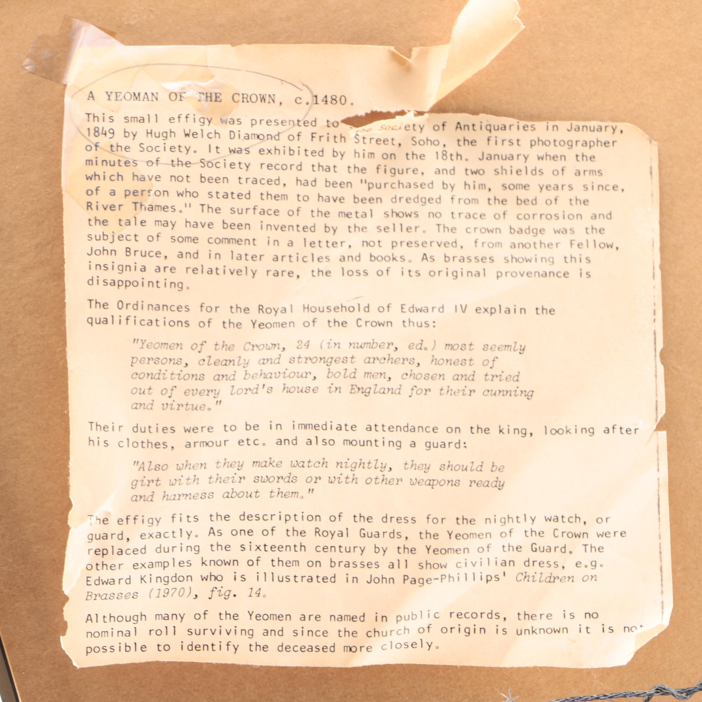 Relief Rubbing on Paper "A Yeoman of the Crown"