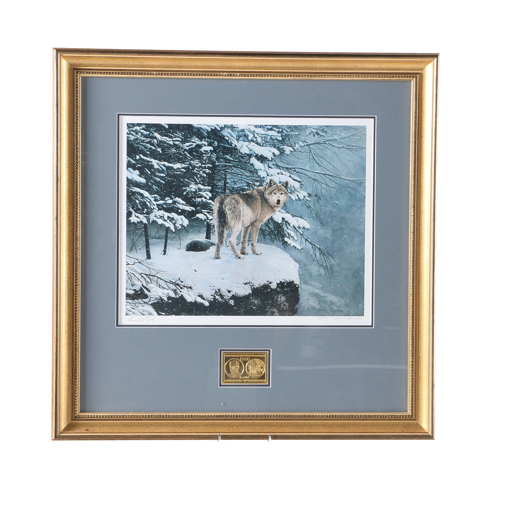 Helen Rundell Limited Edition Offset Lithograph on Paper "On the Edge Eastern Timberwolf" Signed by Gerald Ford