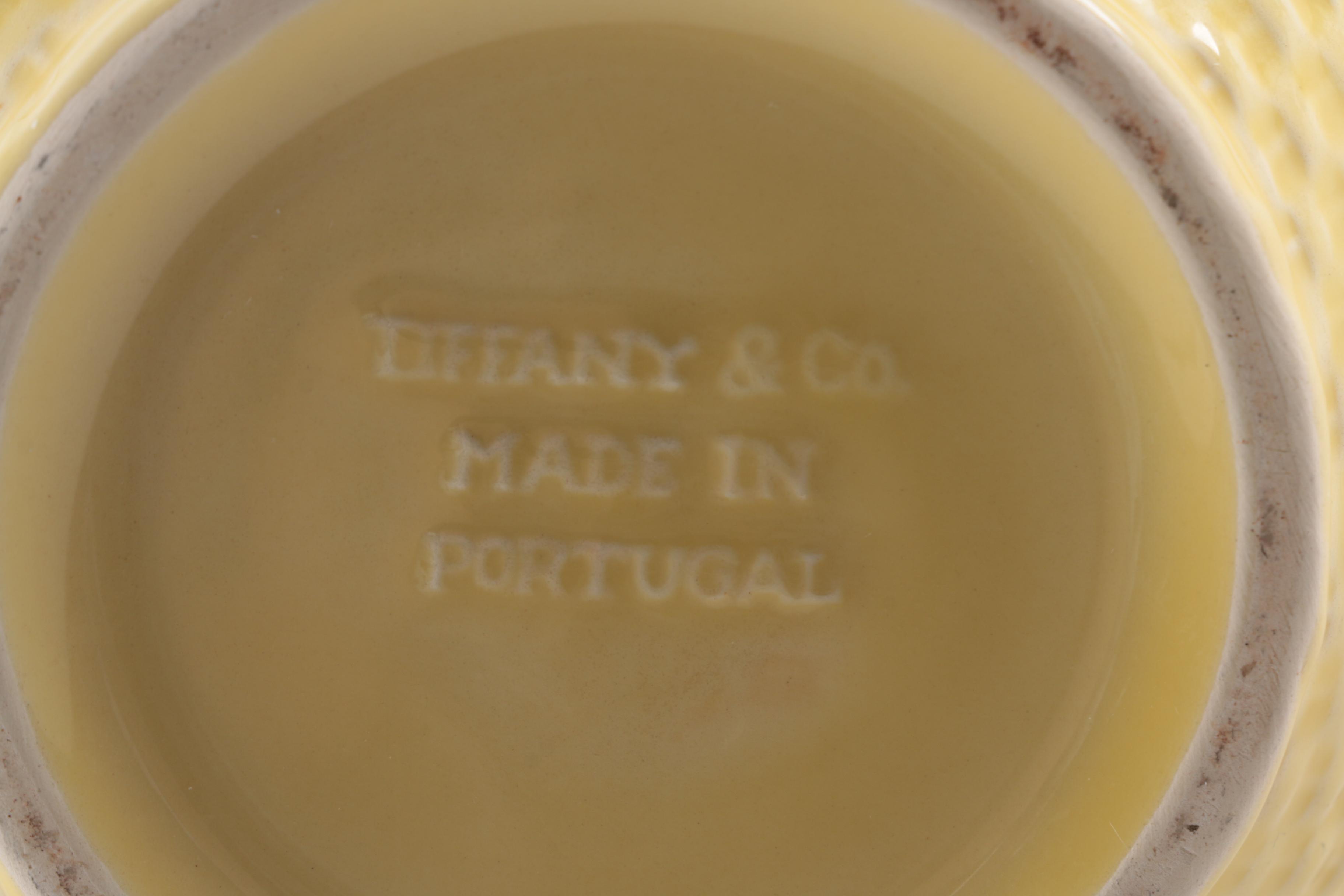 Tiffany & Co. "Blackberries" Basketweave Majolica Pitcher