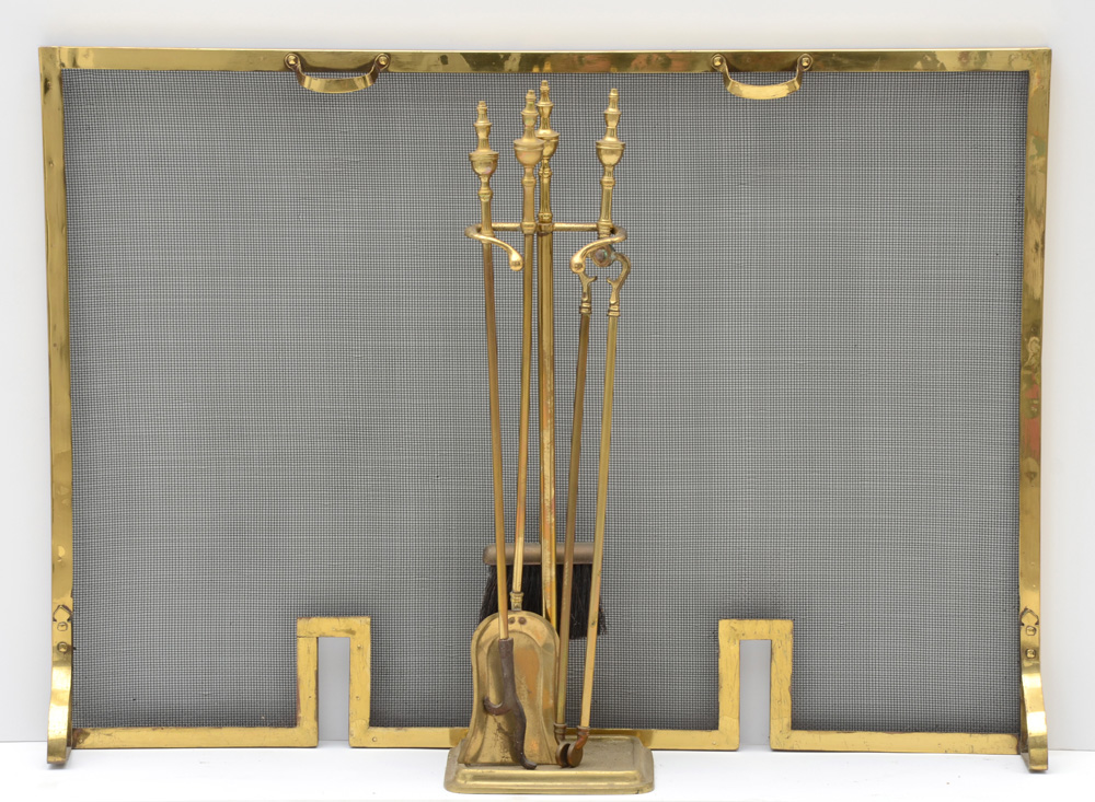 Brass Framed Firescreen and Tools