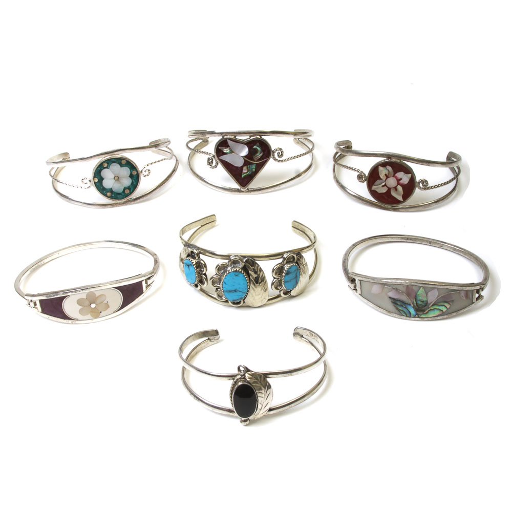 Variety of Silver Tone Mexican Cuff Bracelets with Stones and Inlay
