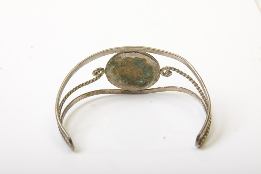 Variety of Silver Tone Mexican Cuff Bracelets with Stones and Inlay