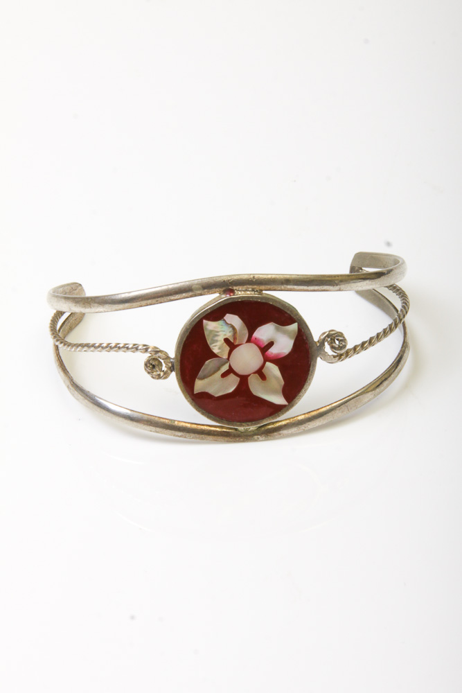 Variety of Silver Tone Mexican Cuff Bracelets with Stones and Inlay