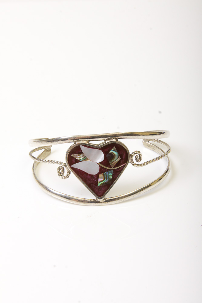 Variety of Silver Tone Mexican Cuff Bracelets with Stones and Inlay