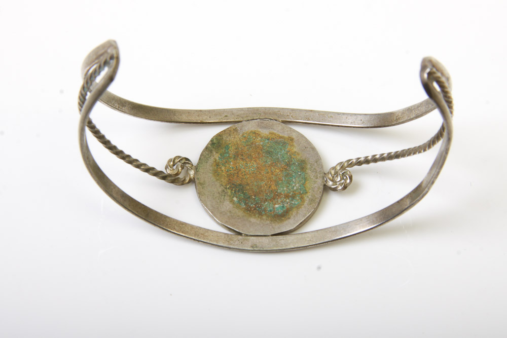 Variety of Silver Tone Mexican Cuff Bracelets with Stones and Inlay