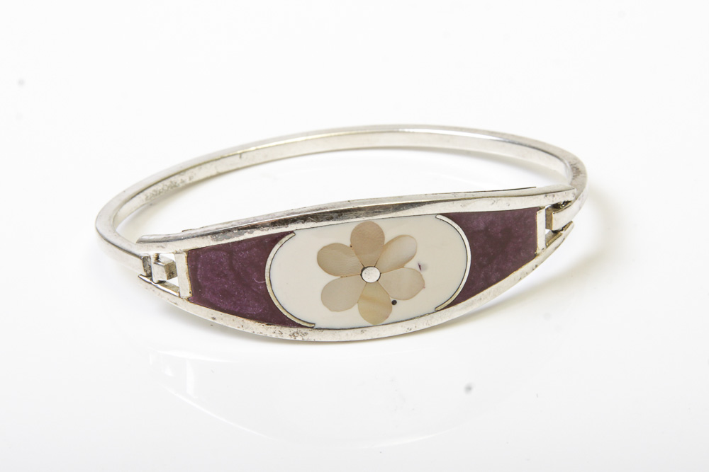 Variety of Silver Tone Mexican Cuff Bracelets with Stones and Inlay