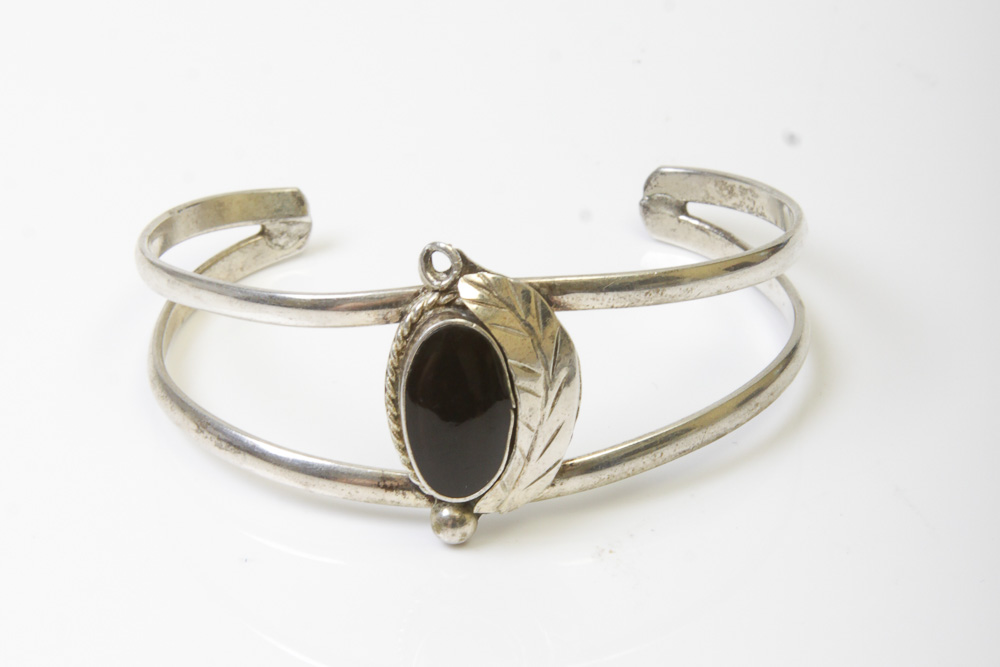 Variety of Silver Tone Mexican Cuff Bracelets with Stones and Inlay