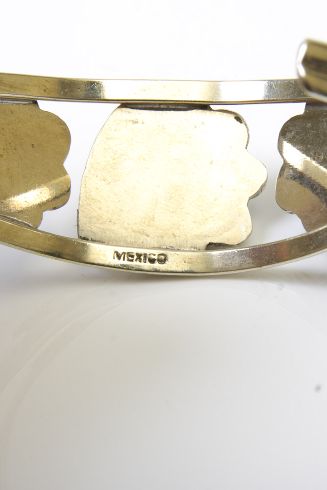 Variety of Silver Tone Mexican Cuff Bracelets with Stones and Inlay