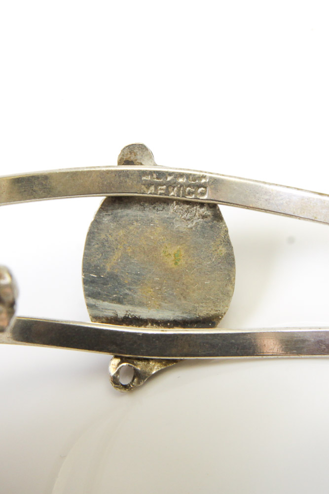 Variety of Silver Tone Mexican Cuff Bracelets with Stones and Inlay