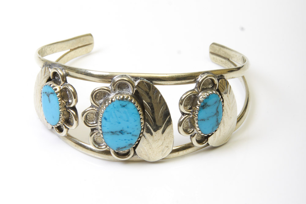 Variety of Silver Tone Mexican Cuff Bracelets with Stones and Inlay