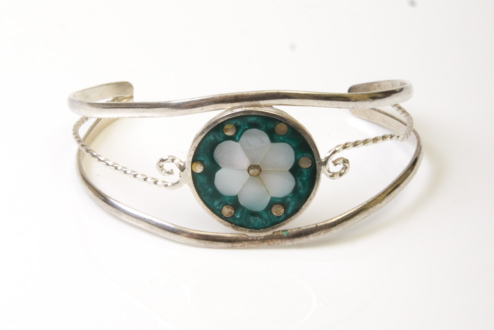 Variety of Silver Tone Mexican Cuff Bracelets with Stones and Inlay